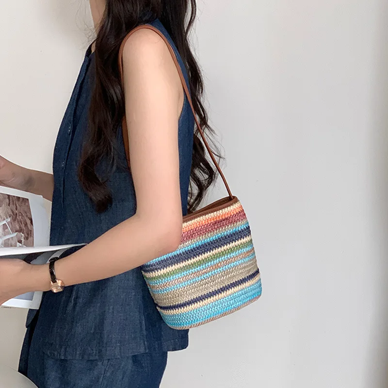 

Rainbow-colored Crossbody Woven Bag Women 2025 Summer Vacation Style Straw Woven Bucket Bag Single-shoulder Designer Luxury Bag