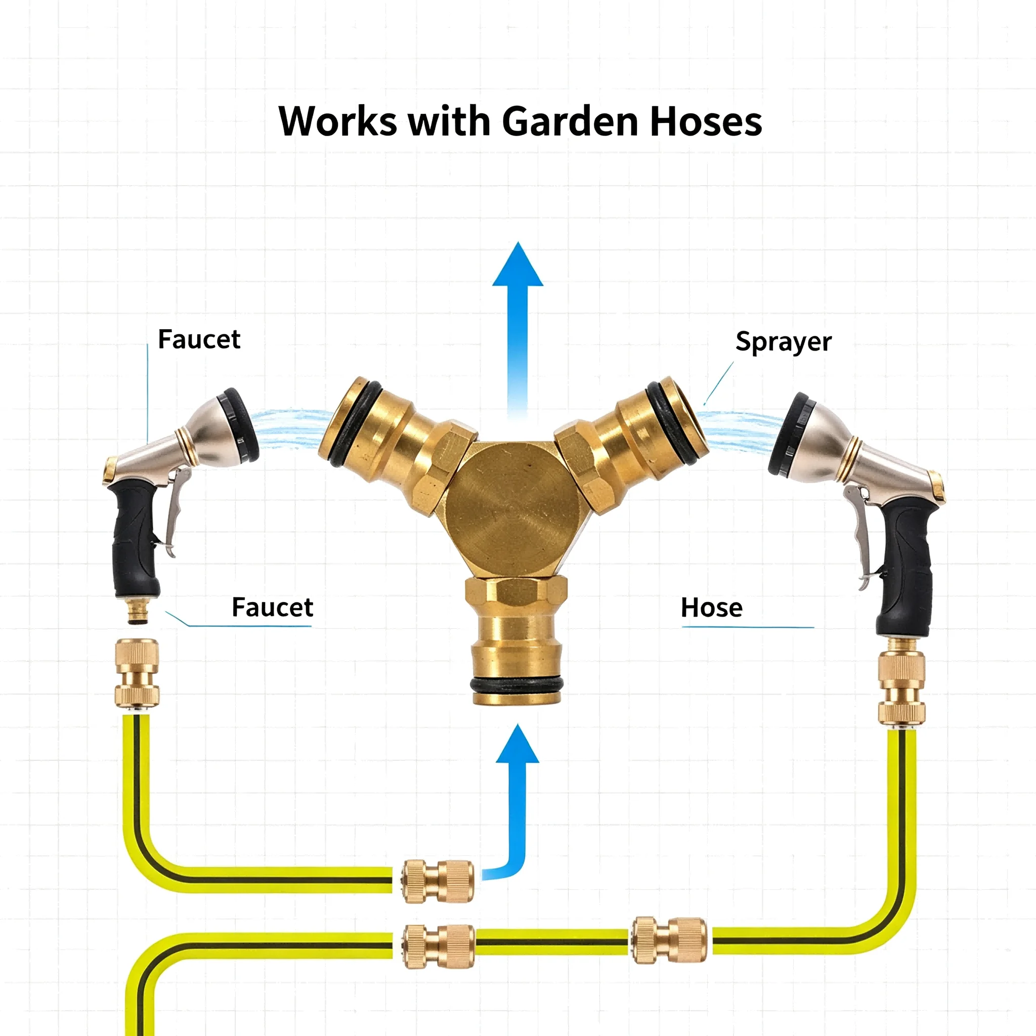Water hose brass connector 1/2'' to 3/4'' tee adapter splitter for faucet copper construction gold color 5.7x1.6cm size