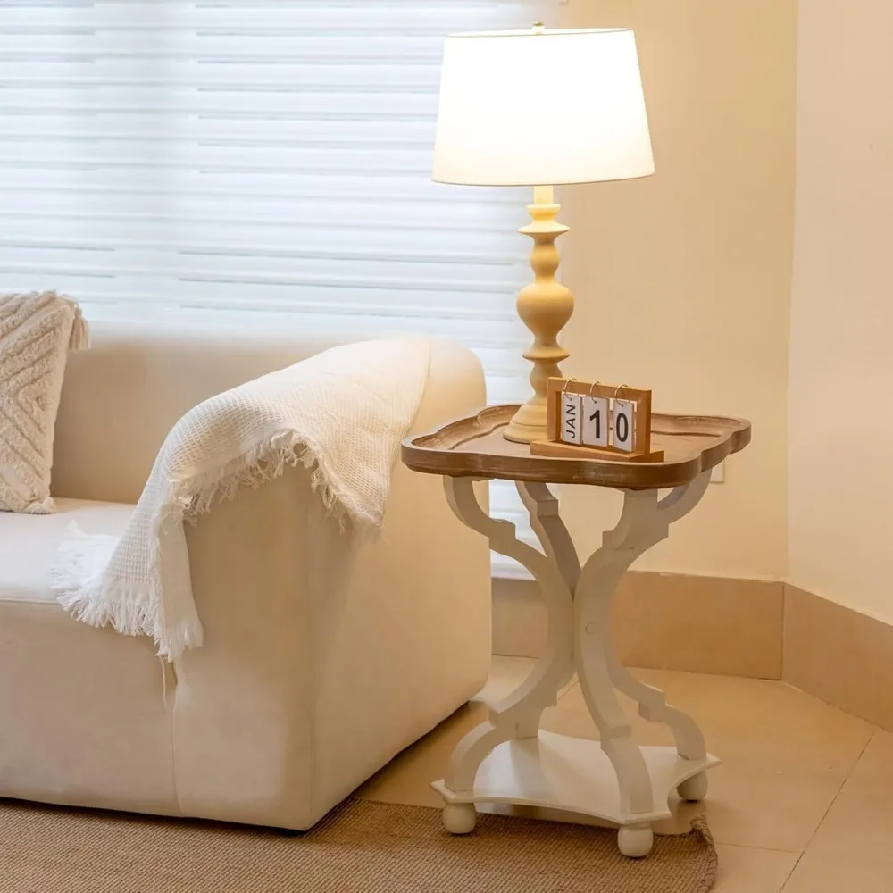 

Square End Table with Rustic Wood Tray Top and White Curved Legs, – French Country Accent for Bedroom, Dining or Entryway