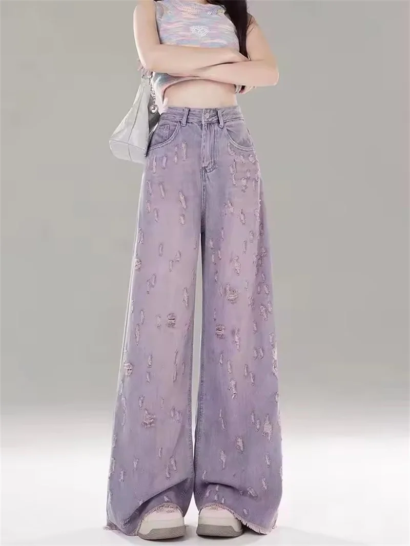 Women Spring Summer New Hole Design Sense Floor-Length Pink Purple Long Trousers Fashion High Waist Wide Leg Denim Jeans Ladies