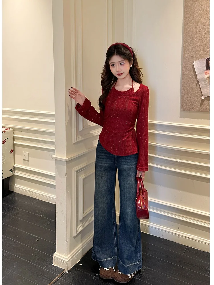 

High Waist Wide Leg Jeans Spring Autumn Retro Versatile Slimming Tall Denim Pants Cotton Polyester Spandex