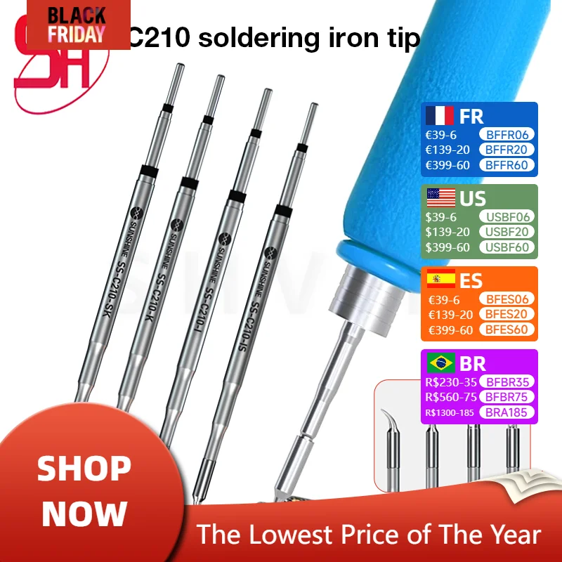 SUNSHINE SS-C210 K/IS/I /SK Soldering Iron Tip Welding Tips for GVM T210 Soldering Station Universal to C210 Welding Station