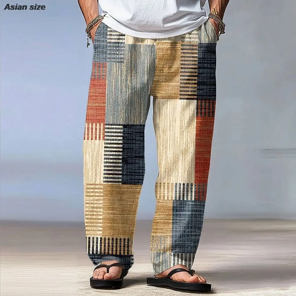 Fall/Winter Men's Geometric Pattern Patchwork Pants Loose Long Casual Pants Mid-Collar Vacation Style