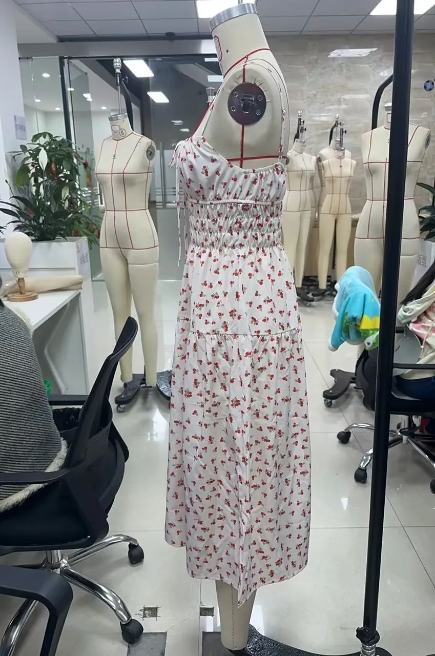 Sexy Maxi Dress Women Summer Sqaure Collar Floral Print Sleeveless Tie-up Ruched Dress Strap Backless Casual Slim Elegant Dress