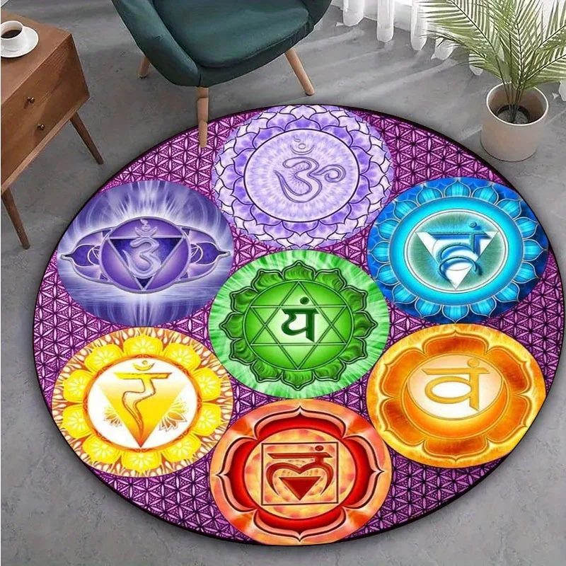 Vibrant Chakra Healing Meditation Round Area Rug, Mandala Pattern Non Slip Floor Mat for Yoga Home Bedroom and Outdoor Decor
