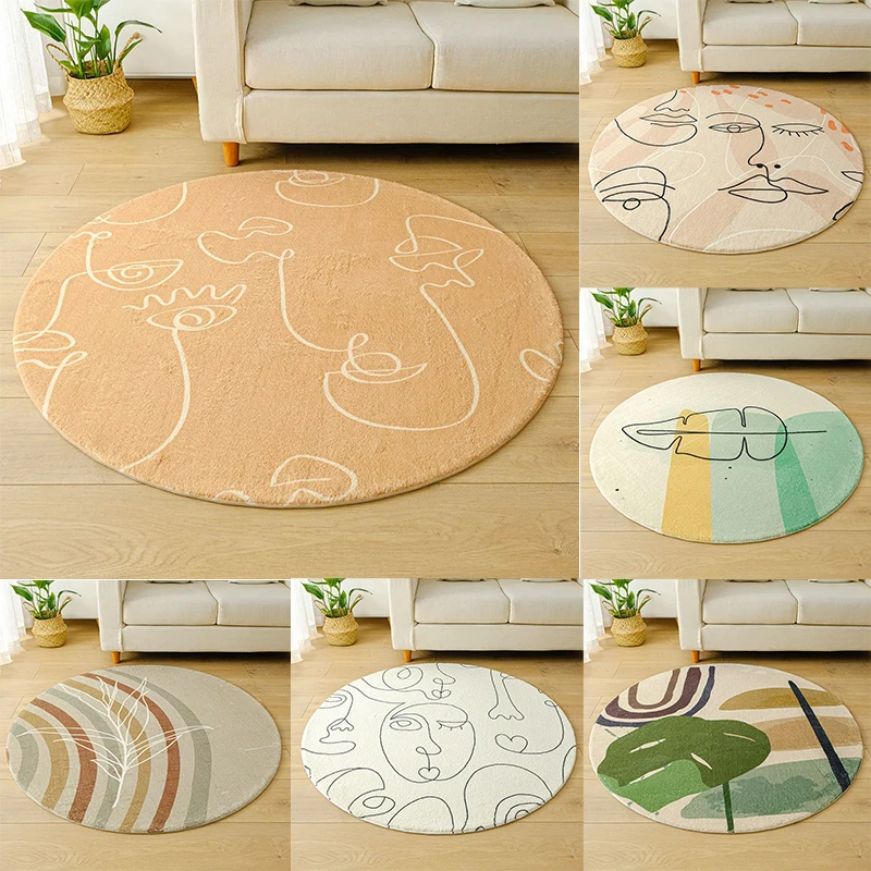 Minimalist Abstract Round Rug with Line Art and Plant Patterns Floor Mat for Living Room Decor Adding Artistic Cozy Vibe