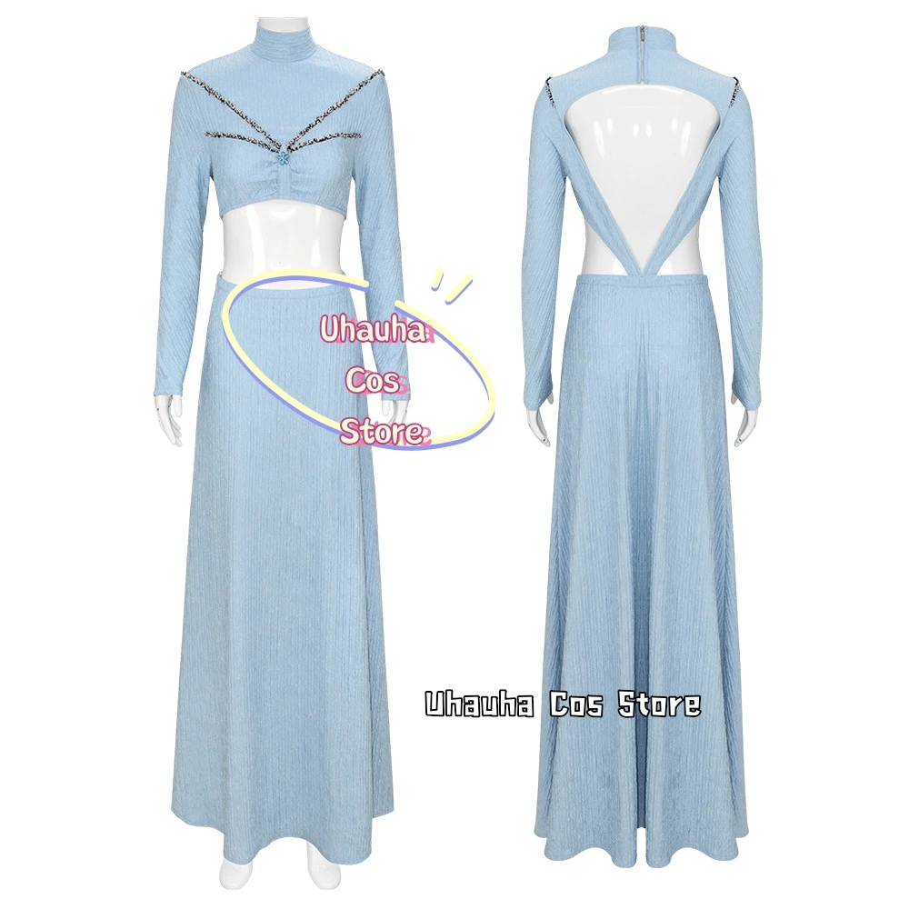 

{Uhauha Cos}Padme Cos Amidala Косплей Фильм Космическая Битва Синее Платье Костюм Twinset Облегающее Длинное Платье Маскировка на Хэллоуин