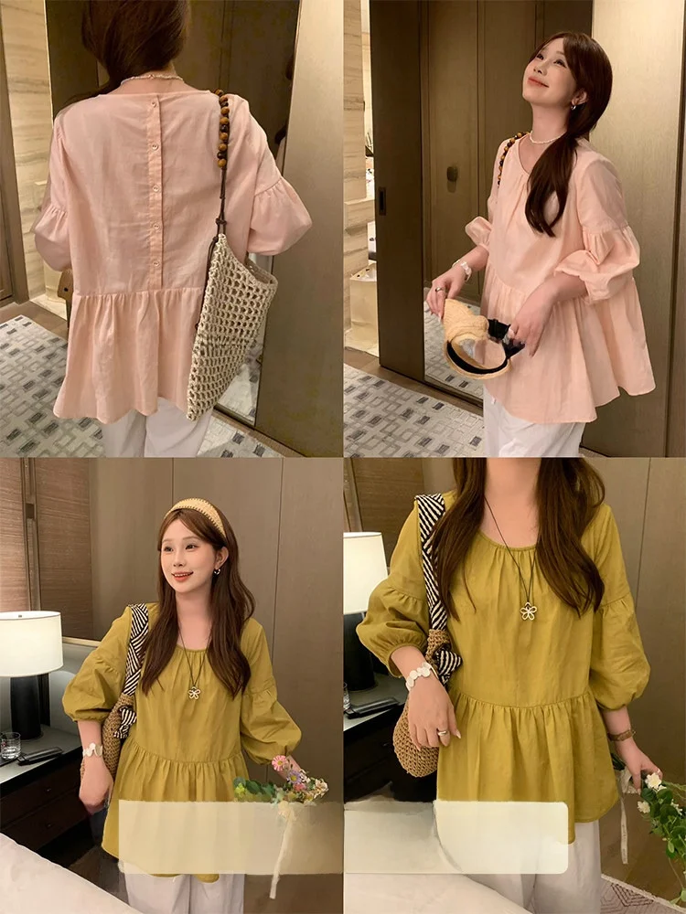 

Женская рубашка из хлопково-льняной смеси, приталенного кроя, с длинным рукавом, тонкая, в французском стиле, свободного кроя, стандартной длины рукава, с круглым вырезом, однотонная.