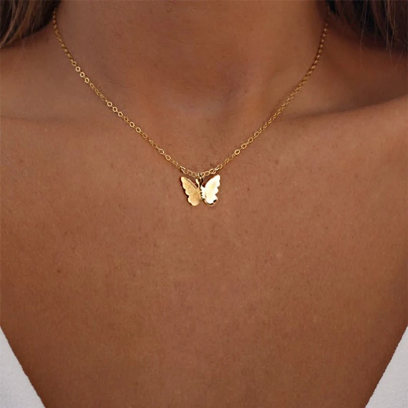 New Goth Gold Color Butterfly Pendant Choker Necklace for Women Tiny Minimalism Clavicle Chain Christmas Wedding Jewelry Gift