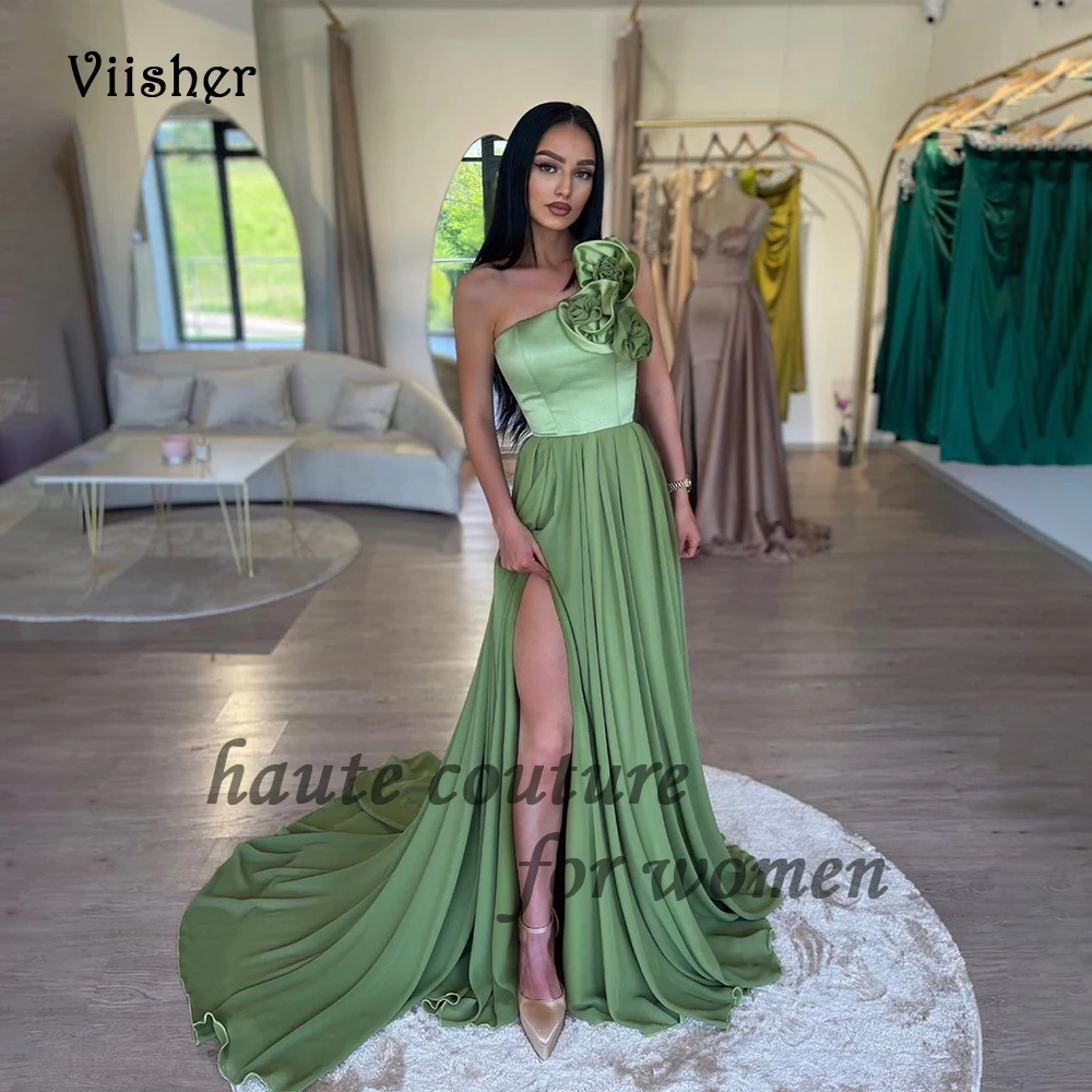 

Sage Green Chiffon Prom Dresses with Slit Train A Line Evening Party Dress for Women Formal Occasion Gowns Lace Up Back