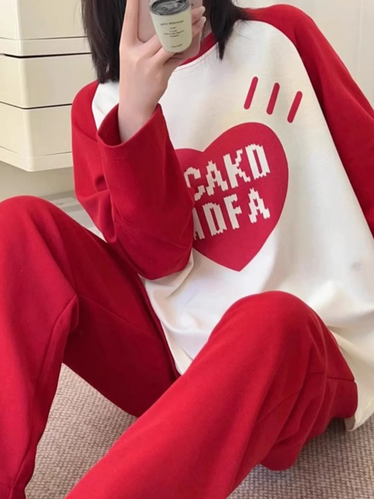 春の新作-レディース-長袖-長ズボン-パジャマ-カジュアル-ホームウェア-ハートレター-カラーブロック-ショルダーインサート