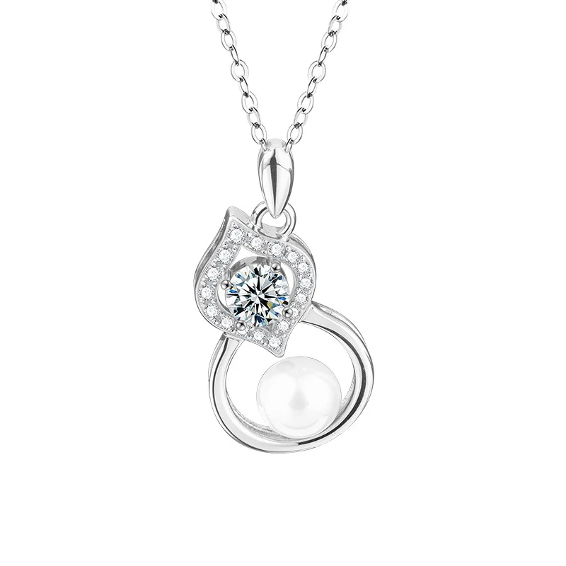 S925 pure silver natural freshwater pearl necklace, moissanite gourd pendant, collarbone chain jewelry wholesale