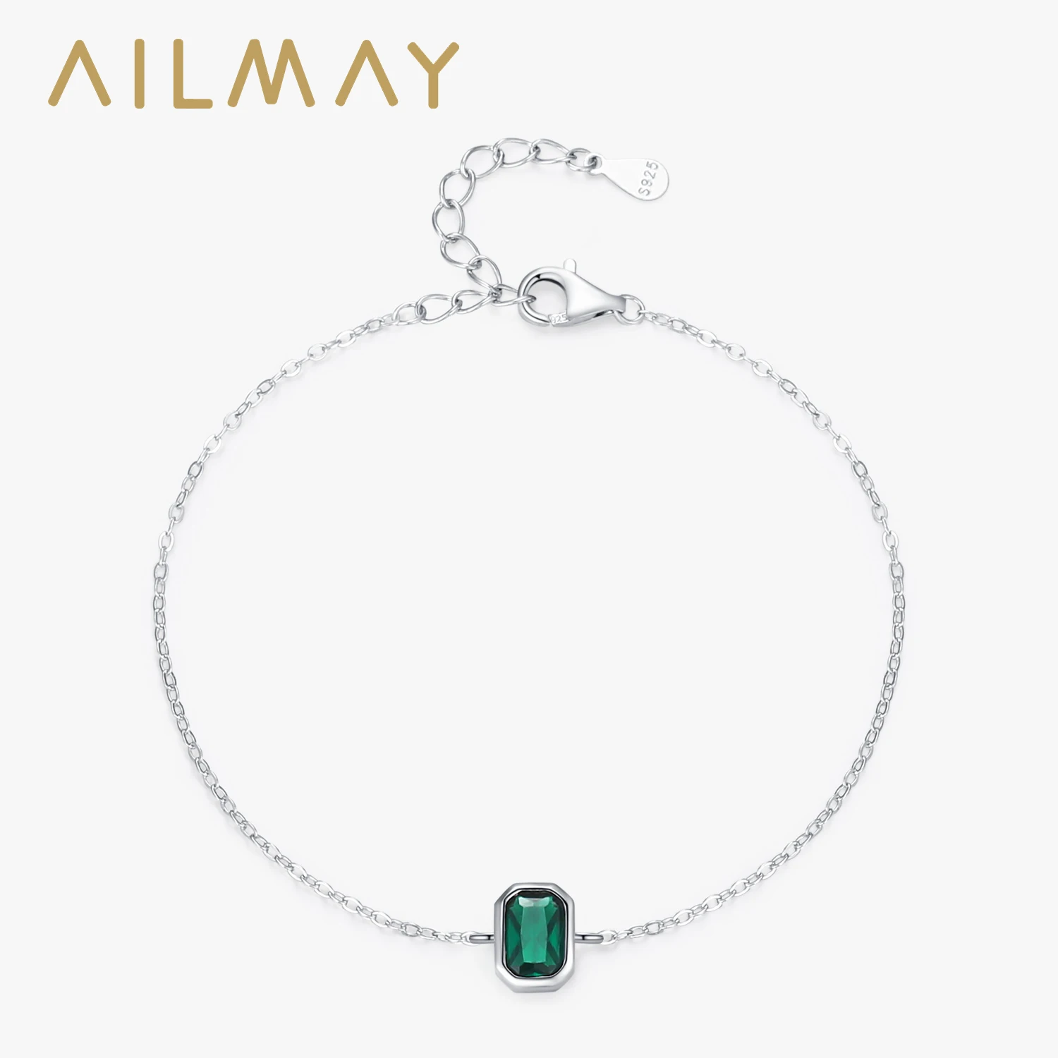 Ailmay 925 Sterling Silver Vintage Green Rectangular Zircon Chain Bracelet For Women Engagement Wedding Anniversary Gift