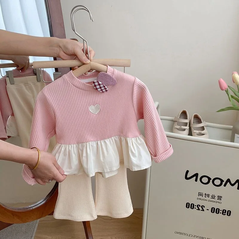 Spring and Autumn Girls Suit Baby Foreign Style Children's Trendy Internet Celebrity Korean  Lace Love Top Flared Pants