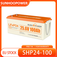 SUNHOOPOWER 24V 100Ah LiFePO4 Battery, 2560Wh Energy, Built-in 100A BMS, Max.2560W Load Power, Max. 100A Charge/Discharge, IP68