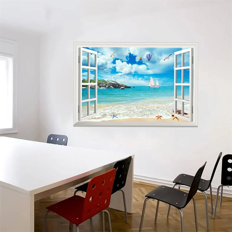 Sea View Mural 3D Wall Art Beach Seastars Vinyl Room Window Scenery Stickers for Home Decoration Blue Water Sailboat Wallpaper