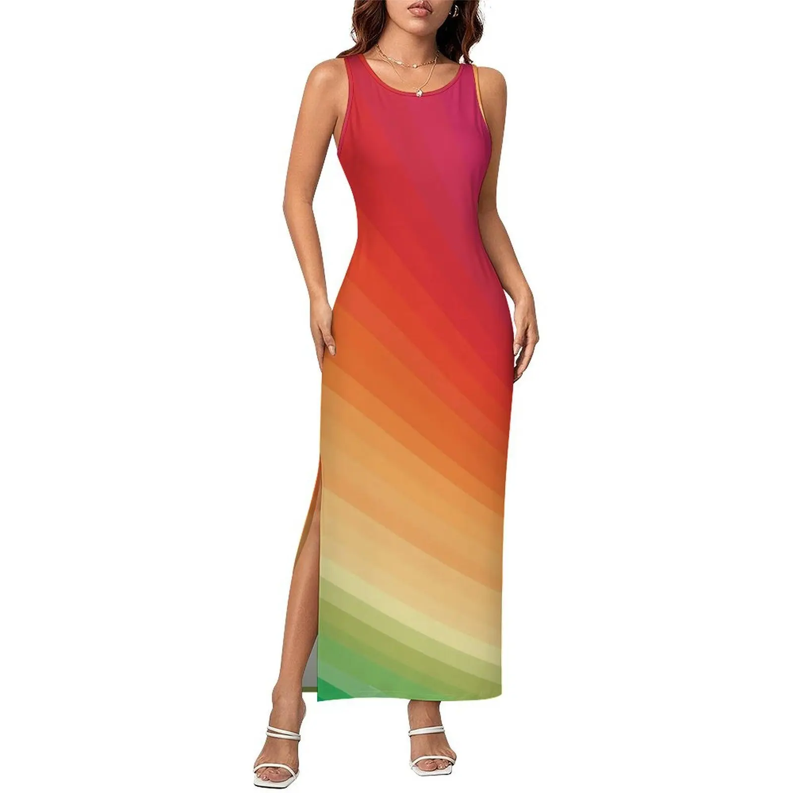 Bright Rainbow Bodycon Dress Summer Abstract Art Elegant Maxi Dresses Women Sleeveless Pattern Korean Fashion Dress Big Size
