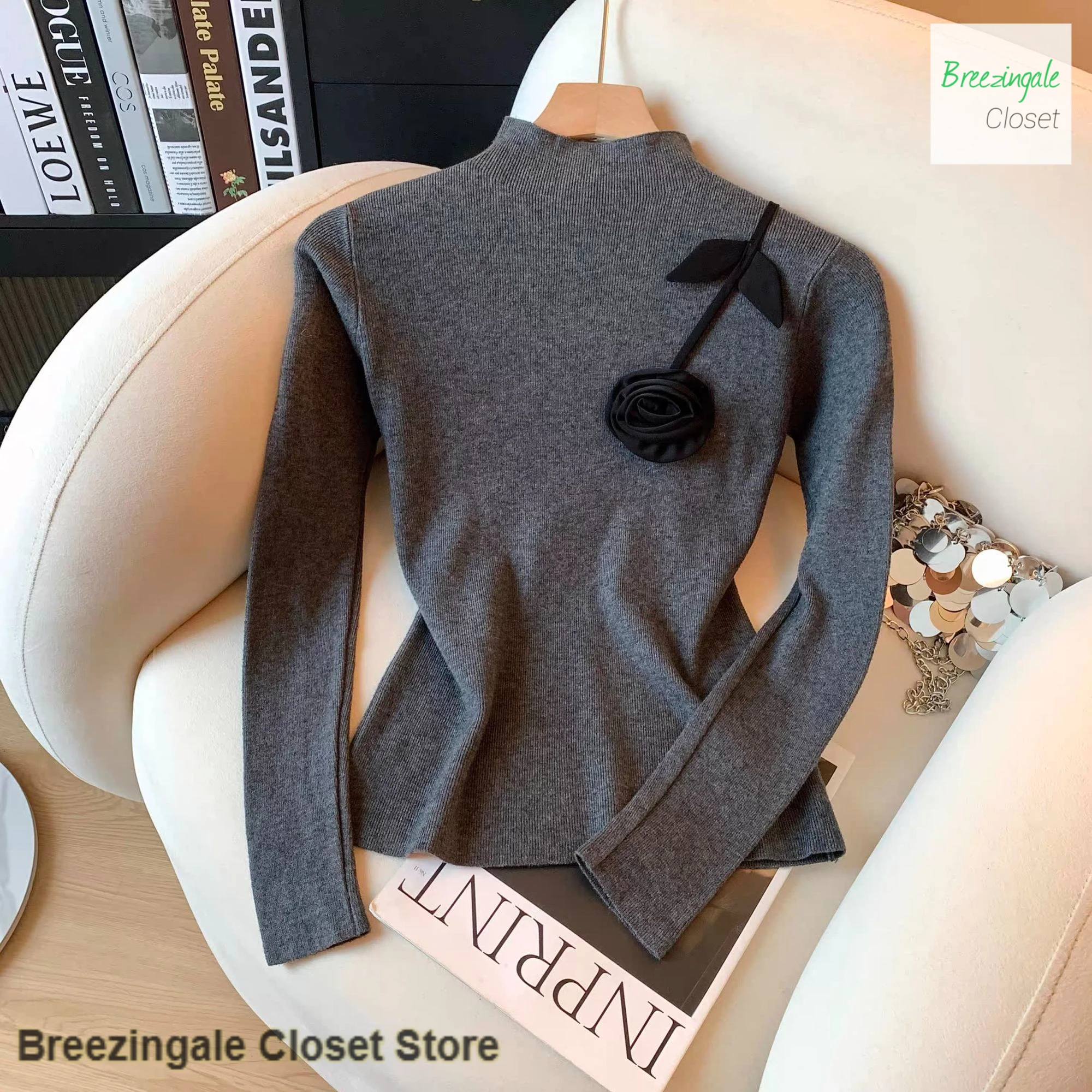 Korean-style three-dimensional flower half-high-necked high-grade sweater women's autumn and winter new slim temperament top