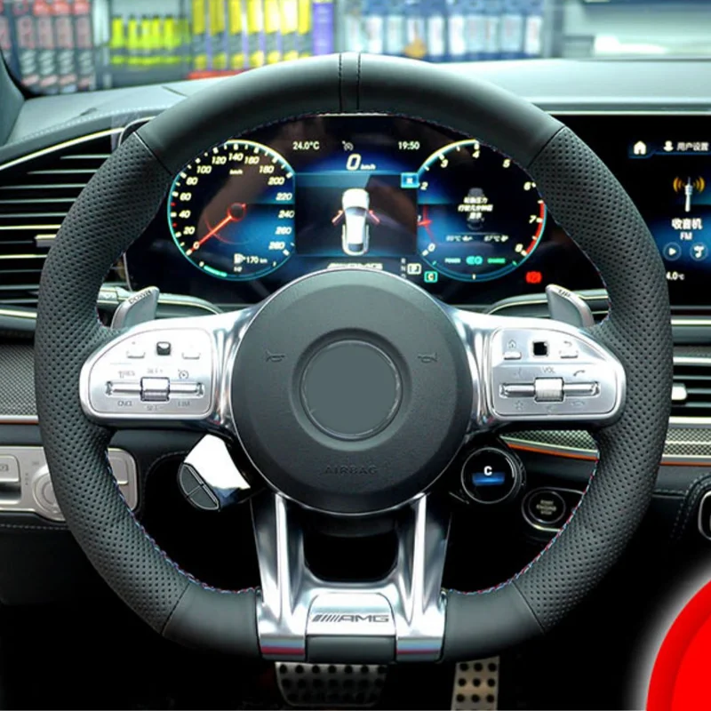 Car Steering Wheel Cover Hand-Stitched Anti-slip Black Artificial Leather For Mercedes Benz AMG GT C190 R190 W177 2018 to 2021