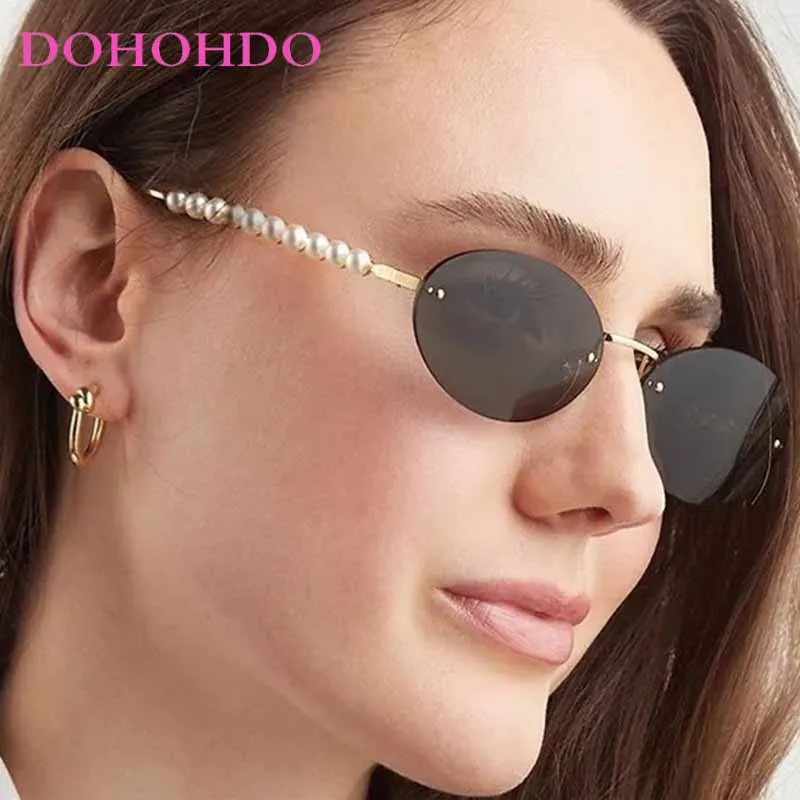 

New Luxury Designer Metal Pearl Small Oval Rimless Fashion Sunglasses Women Men Driving Traveling Eyeglasses UV400 Lentes De Sol