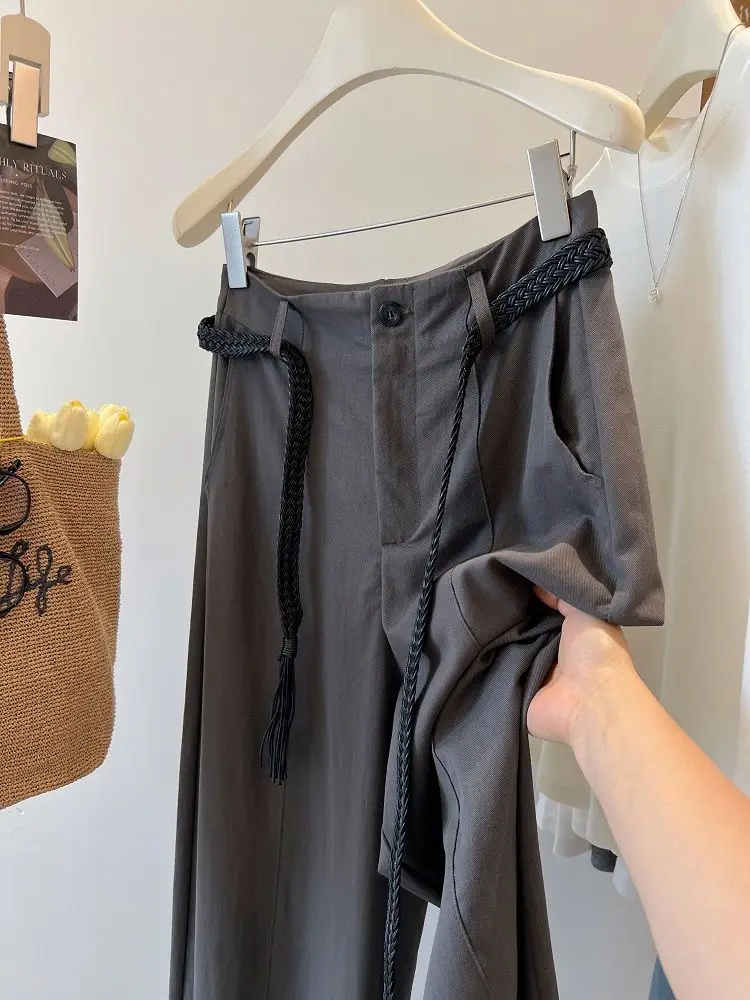 Pantalon décontracté rétro japonais, coupe ample, tissage lâche, ceinture, taille haute, jambe droite, large, ex printemps automne