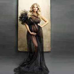 Solid Maternity See Through Photoshoot Dresses Black Sexy Pregnant Women Floor-length Maxi Baby Shower Gowns Premama Photography