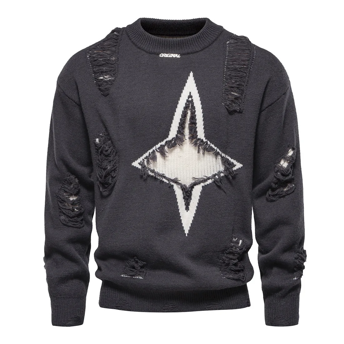 Men's Destroyed Knitted Sweater With Holes Fashion High Streetwear Ripped Pullover Knitwear With Star Pattern Distressed Jumper