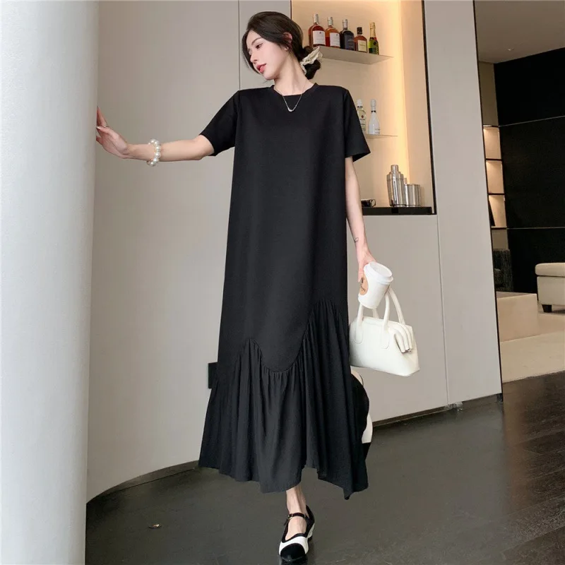Casual Loose O-neck Solid Short sleeved Dresses Summer Women's Dress New Irregular Splicing Black Maxi Dress Woman clothing