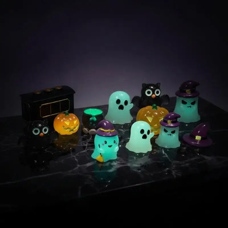 Mini Cute Glowing Halloween Figurine Witch Ghost Pumpkin Ornament for Spooky Party Desktop Shelf Home Decor Gift