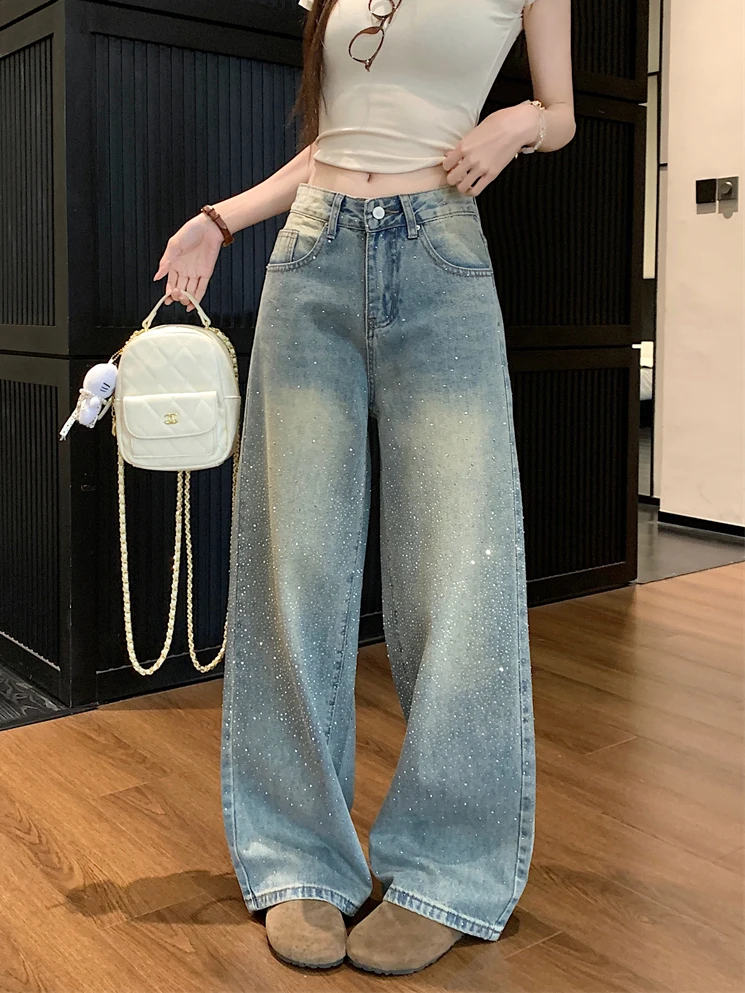 

Retro American Blue Faded Denim Wide Leg Pants Women's Loose Fit Floor Length Trousers Spring Slimming Effect