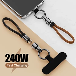 PD 240W Fast Charging Cord Portable Keychain USB C Cable Smooth Leather Lanyard Phone Charm for Travel iPhone Samsung Laptop