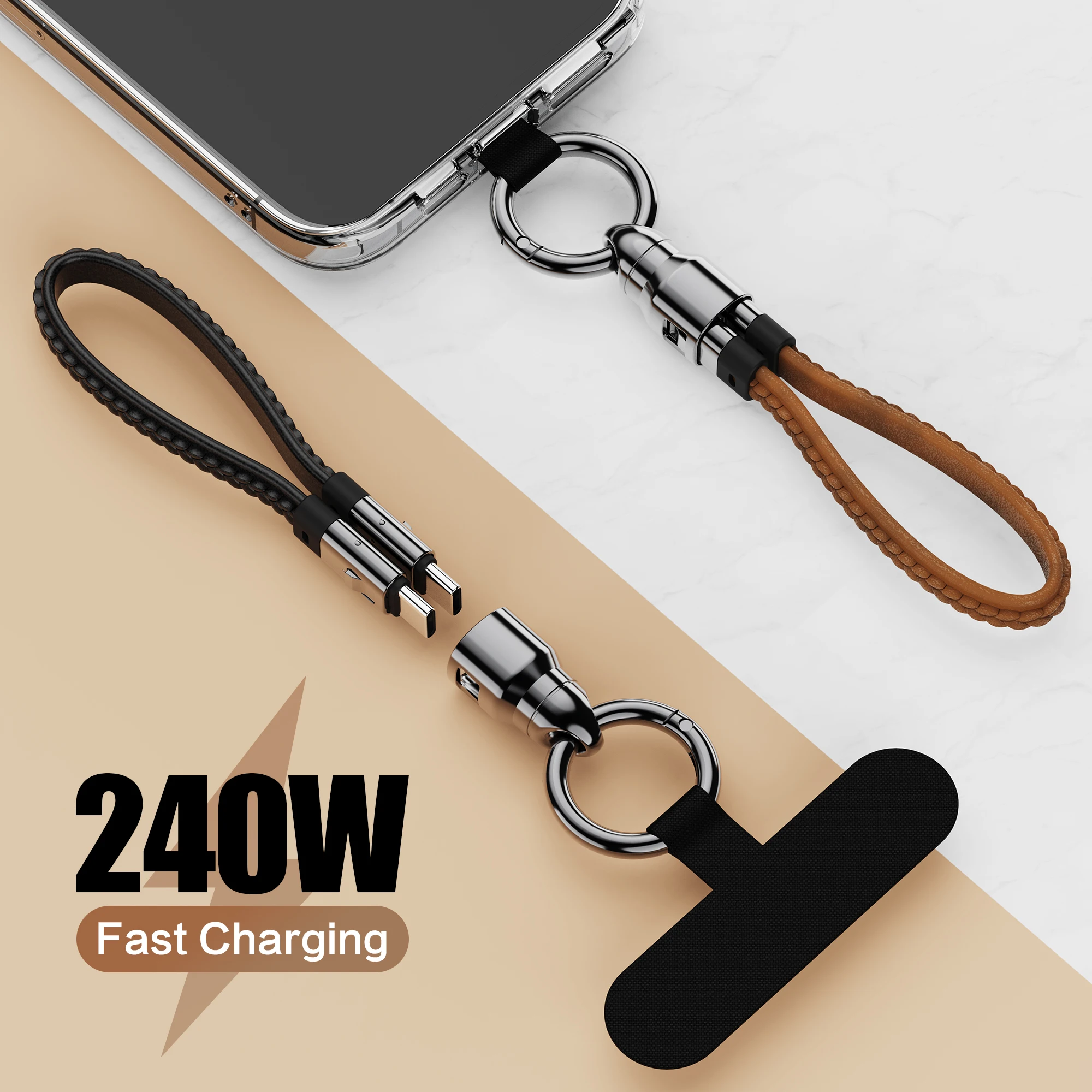 PD 240W Fast Charging Cord Portable Keychain USB C Cable Smooth Leather Lanyard Phone Charm for Travel iPhone Samsung Laptop