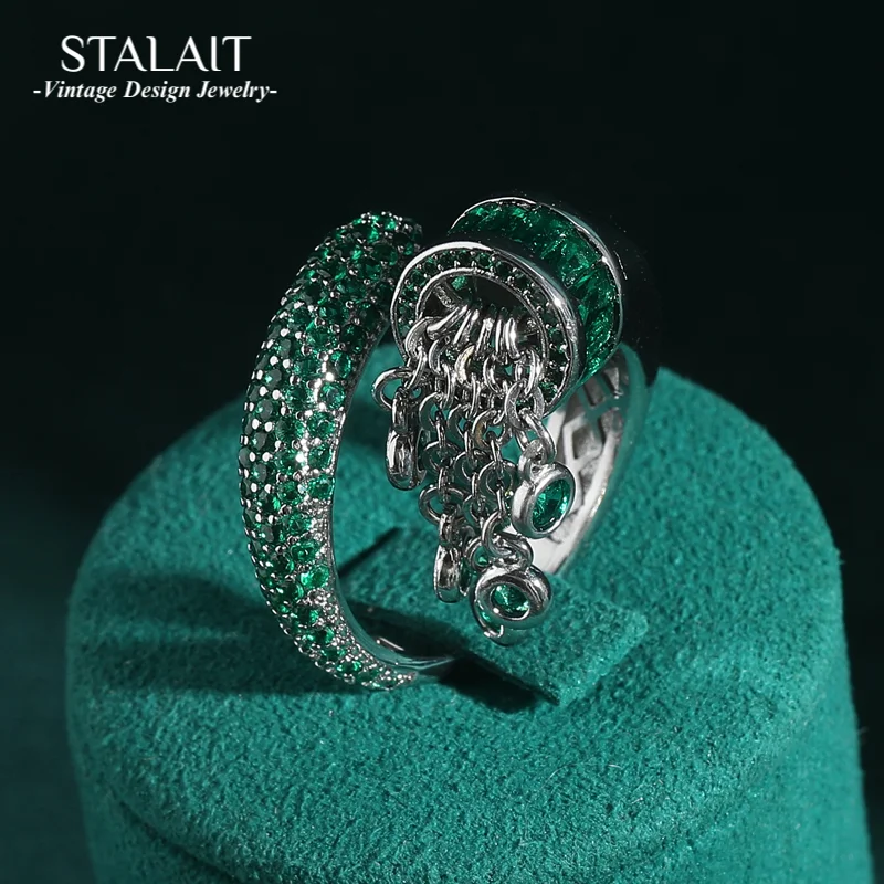 

Vintage Cubic Zirconia Green Emerald Ring Luxury Drop Chain Silver Color Jewelry Adjustable Rings For Woman Girls New Arrival