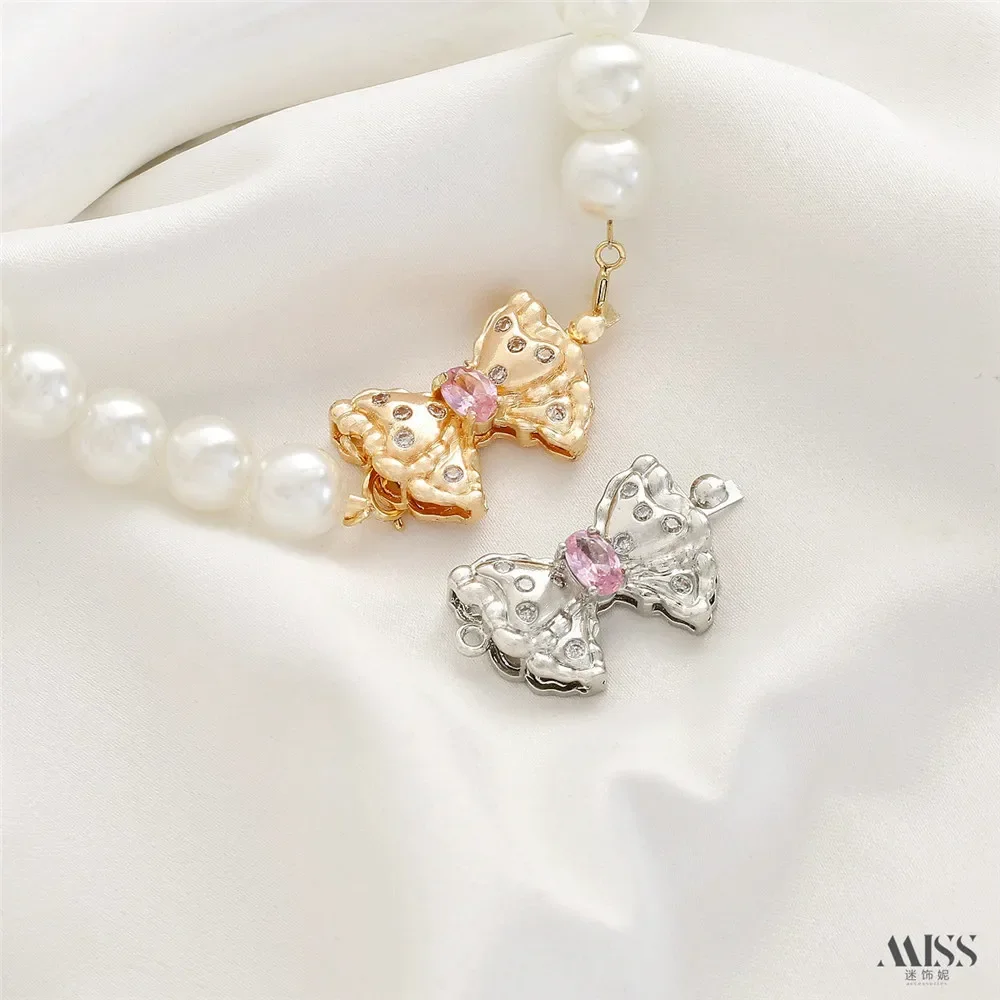 

14K Gold Bag, Color-preserving Zircon Bow, Single-row Buckle DIY Pearl Bracelet, Necklace, Ending Connection Buckle Accessories.