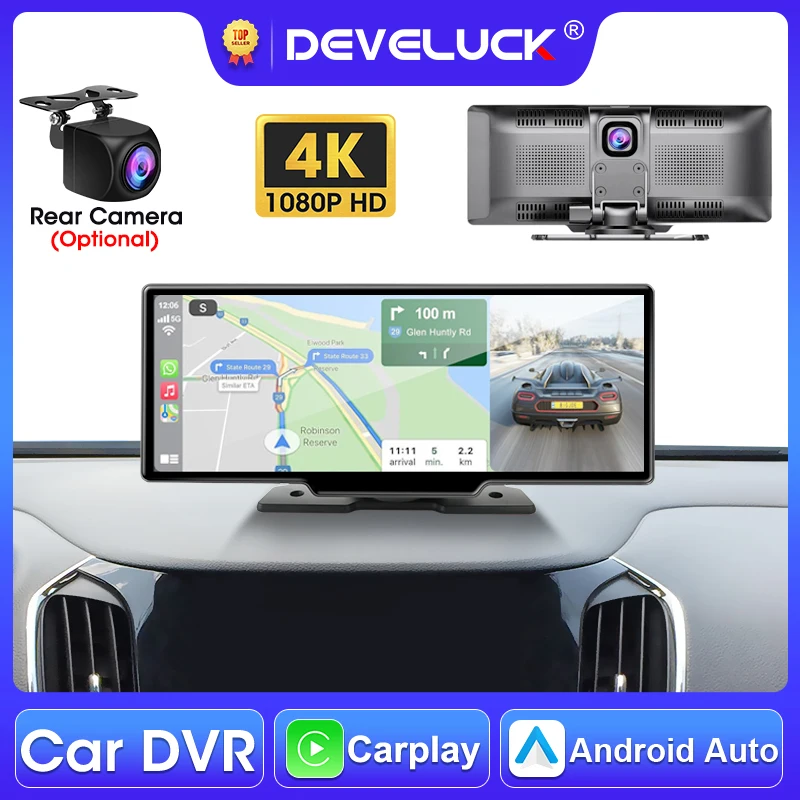 

Develuck 10.26" 4K Car DVR Dash Cam Rearview WIFI Carplay Android Auto Dual Lens Video Recorder Mirror Monitor 1080P Rear Camera