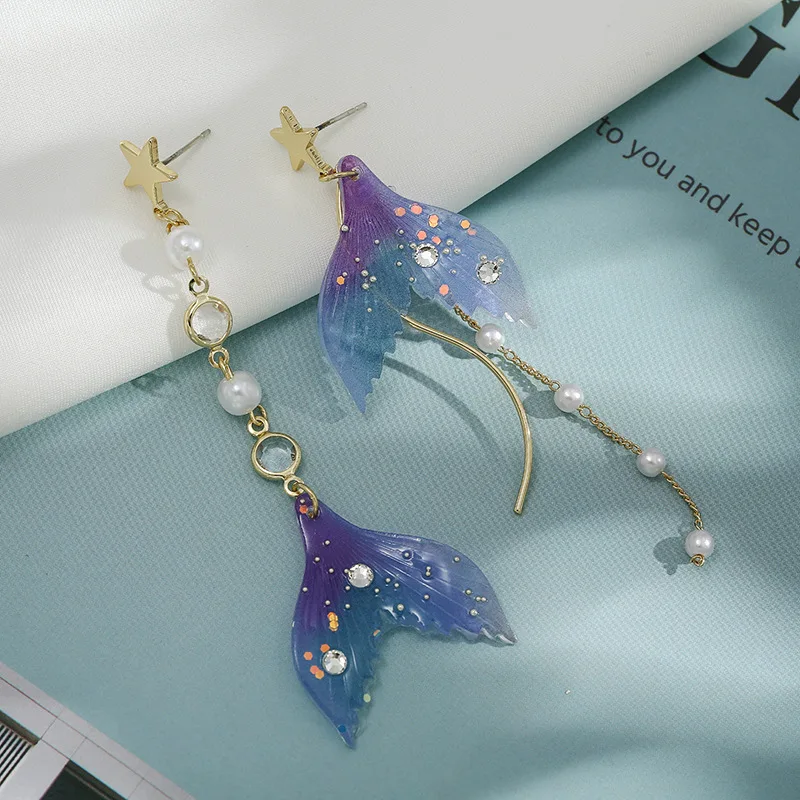 New Trendy Star Purple Crystal Fishtail Long Tassel Drop Earrings For Women Pearl Butterfly Asymmetric Earrings Party Jewelry