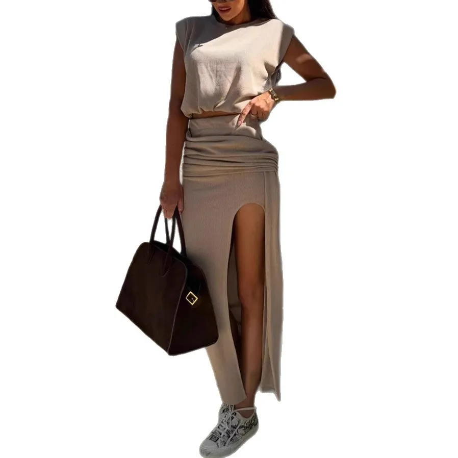 Summer Casual Sle Women's Svel Top And Split Skirt Set Mid-Length A-Line Skirt with Sa Faionable Two-Piece Outfit