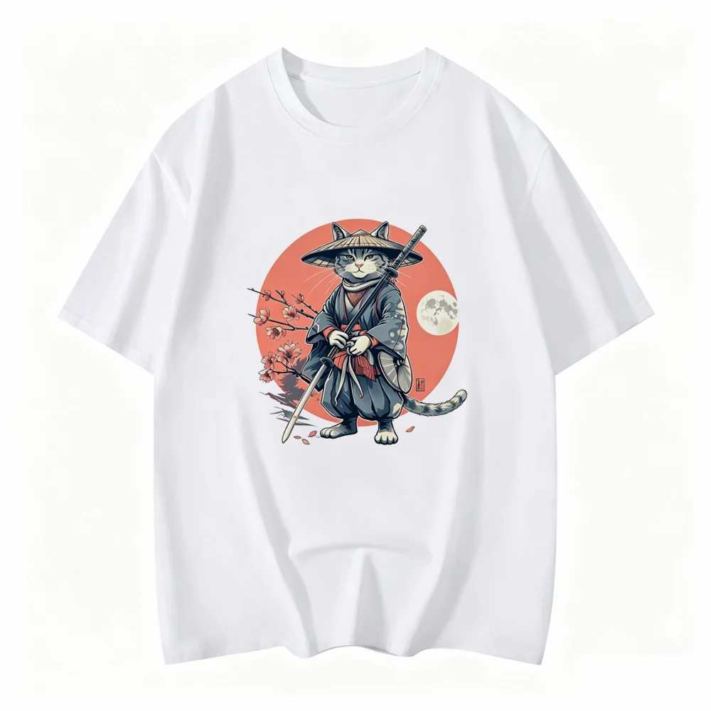 Japanese Samurai Cat Tattoo Kawaii Ninja Cat Printed Summer Woman T-shirt Street Cool Casual Wear Women's Clothing Top