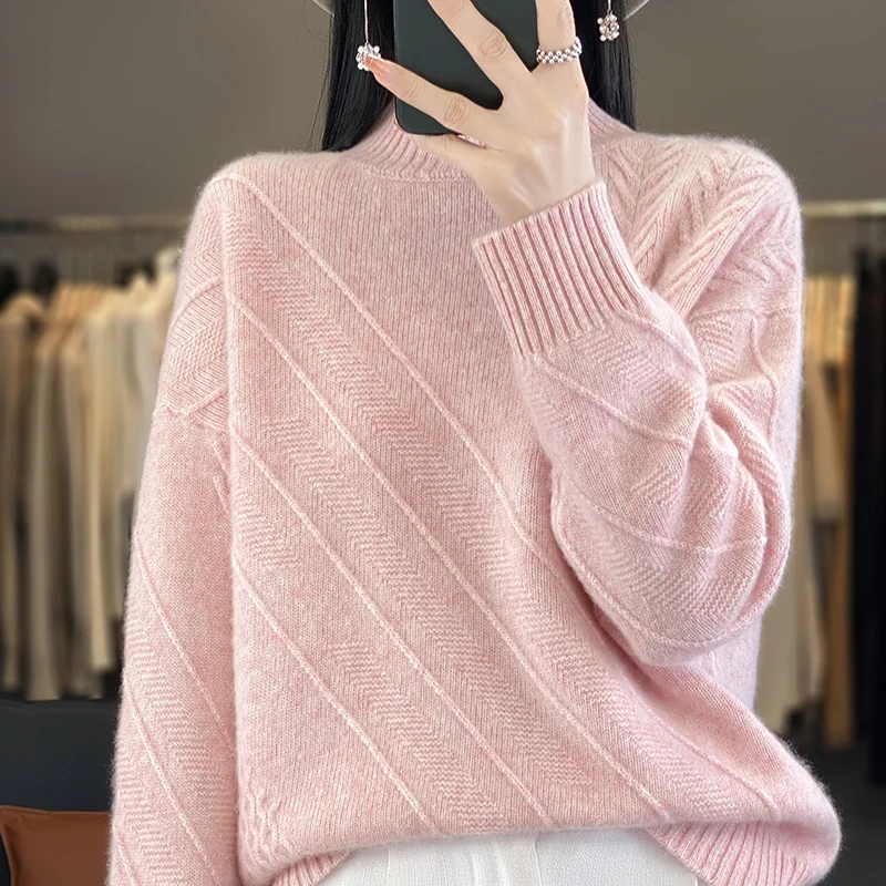 2024 New Sweater Half High Neck Pullover Casual Knitted Loose Top 100% Pure Wool Long sleeved Bottom Shirt Spring Fashion Korean