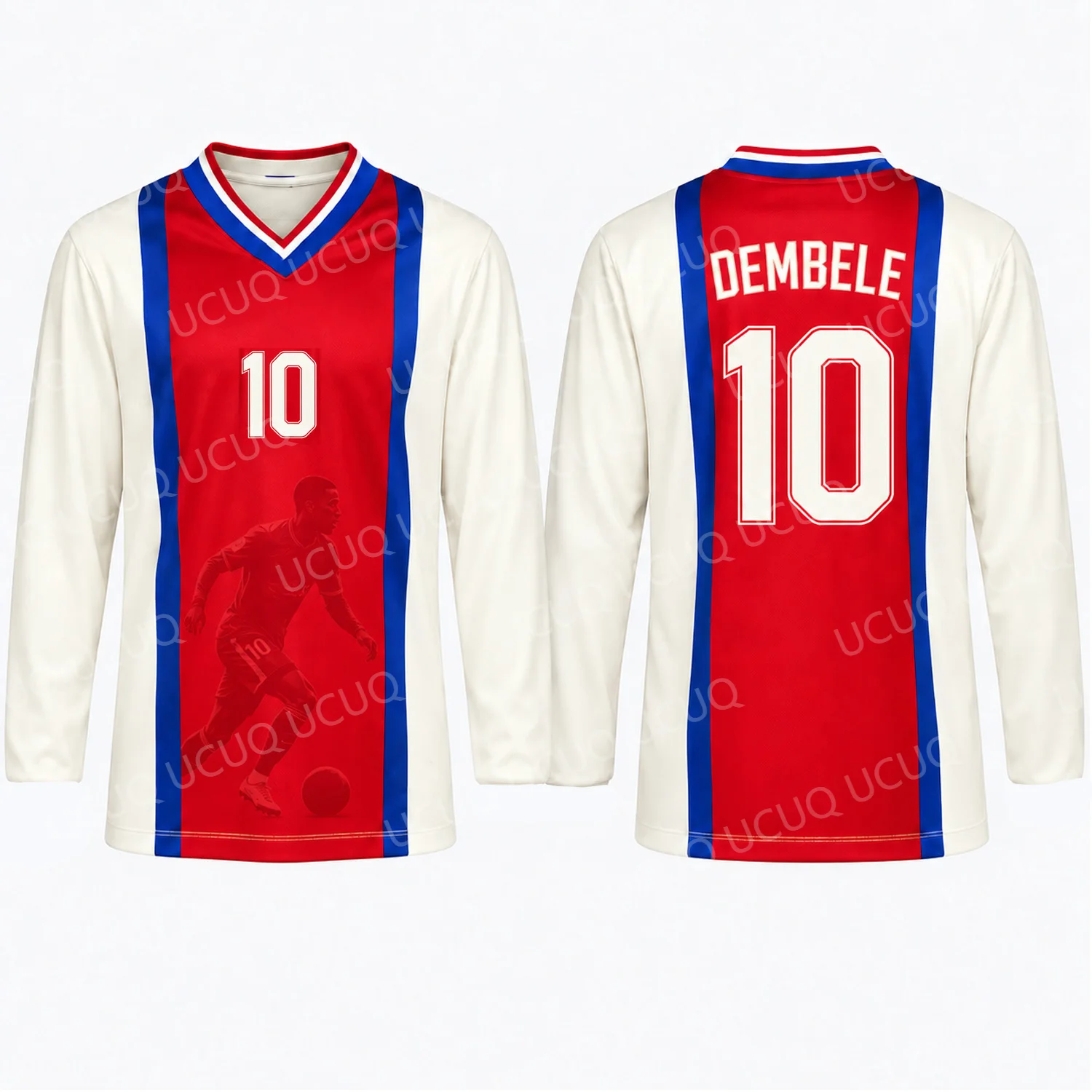 Dembele 10 Rot Weiß Blau Fußballtrikot Langarm V-Ausschnitt Fußball-Fan-Shirt Herren Damen Freizeit-Sportbekleidung Geschenk