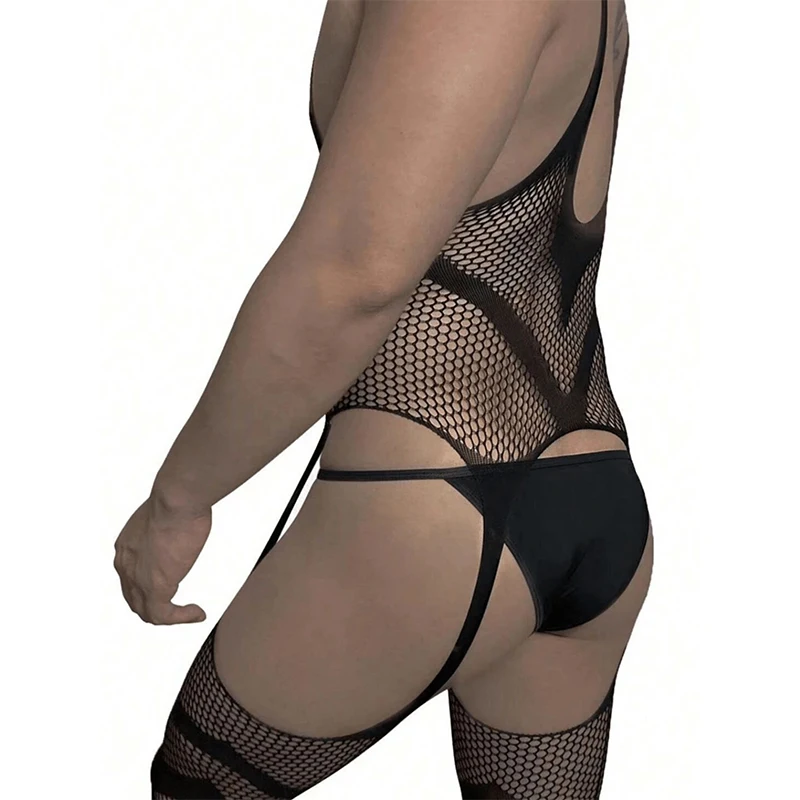 Plus Size Sexy And Fun Lingerie Jumpsuit With Tight Mesh Open Crotch Men\'s Hollow Out Fishing Net One Piece Jumpsuit Sissy Socks