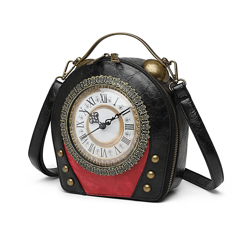 Novelty Antique Clock Crossbody Purse Retro Blue Faux Leather Steampunk Handbag Metal Lace Trim Adjustable Strap for Gothic