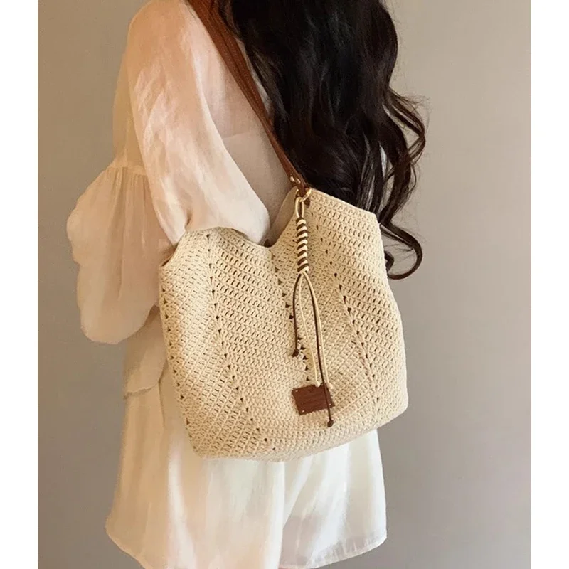 

Ladies Beach Holiday Retro Woven Shoulder Bag Sumner Women's Crocheting Woven Handbags Female Casual Beach Tote Underarm Bags