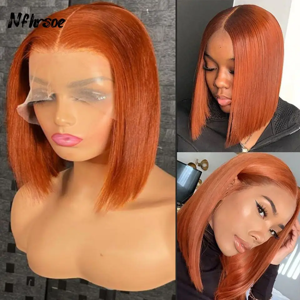 

Cosplay Ginger Orange Straight Short Bob Brazilian Colored Human Hair Wig Transparent Lace Frontal Wigs 200 Density For Women