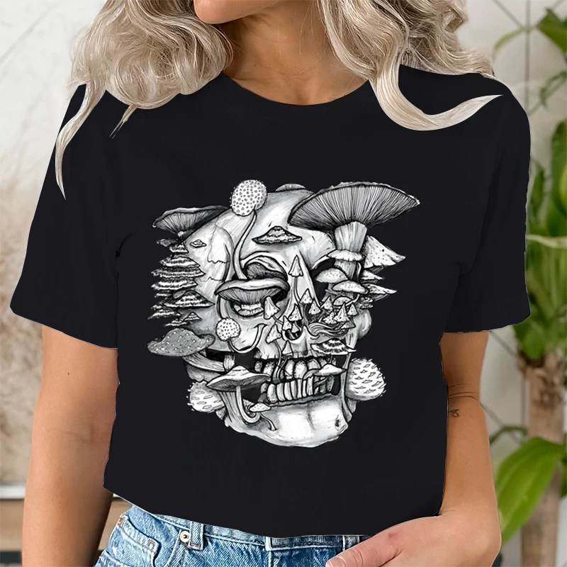 Summer Clothing Trippy Skull Mushrooms Fashion Women Tee T-shirts Casual Short Sleeve Regular Female Graphic T Shirt Clothes