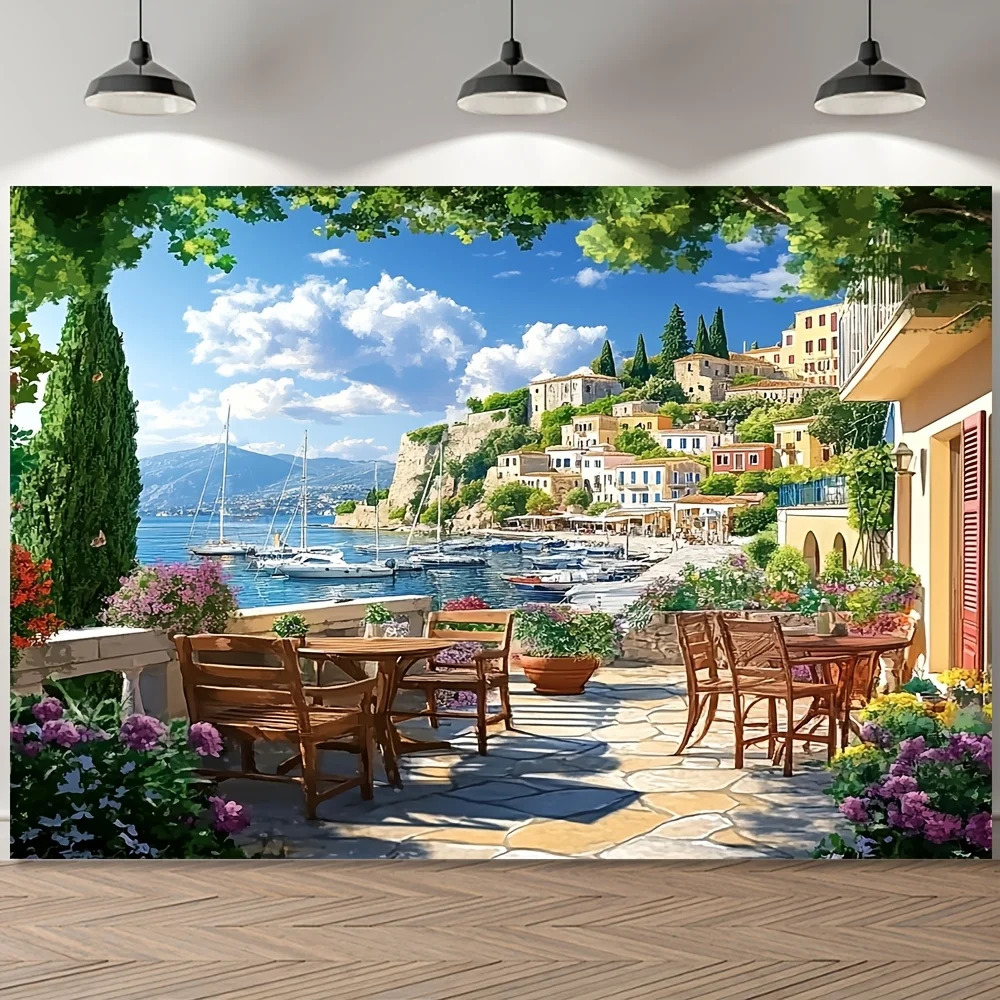 2D-flacher 1-teiliger Polyester-Hintergrundstoff für den Frühlingsgarten, mediterrane Küstenstadtlandschaft, Heimdekoration
