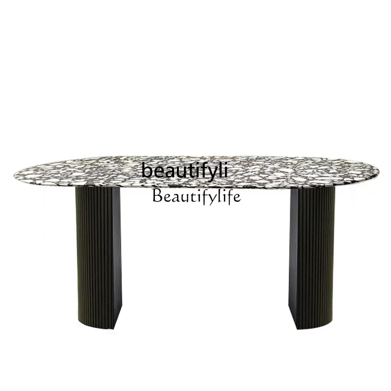 

French light luxury oval small apartment household black and white terrazzo table marble dining table surface