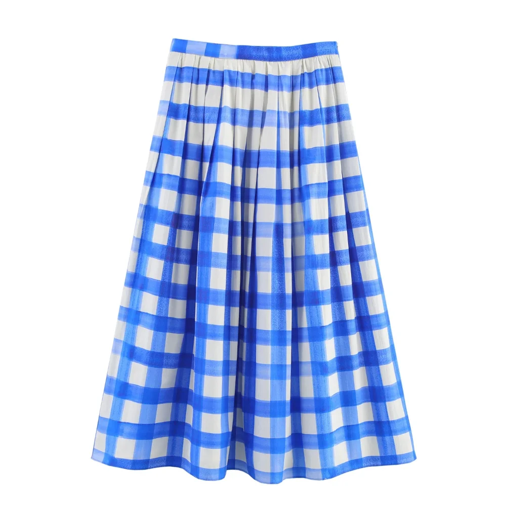 

KONDALA Women Casual Plaid Skirt Pleated Pocket Zipper Loose Blue White Check Midi Skirt New 2025 Spring Fall Fashion Skirt