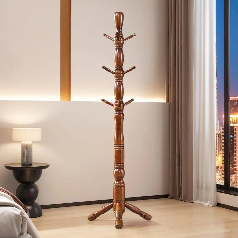 Wood Coat Rack Hall Tree, Stable Triangle Base Coat Tree with 3 Height Options and 9 Hooks, Vintage Coat Rack Freestanding (Walnut)