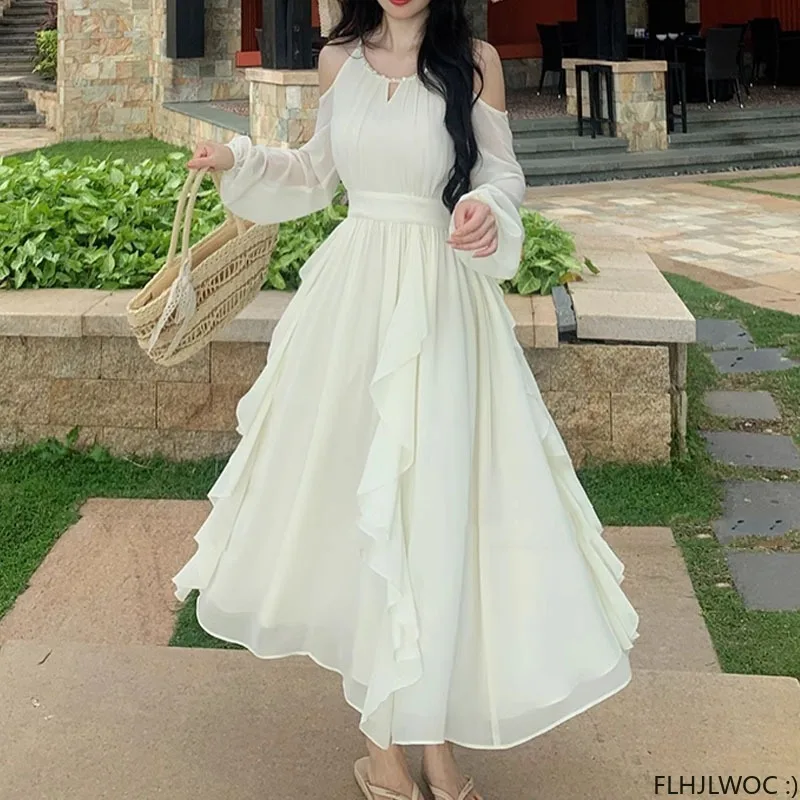 2024 Ruffles Dresses Women Cute Japanese Korean Design Holiday Date Romantic Temperament Lady White 2024 Ruffles Dresses Women Cute Japanese Korean Design Holiday Date Romantic Temperament Lady White
